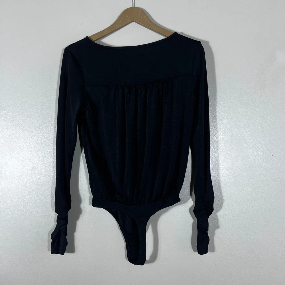 Free People Intimately Solid Bodysuit Black Dark Romance Ruched Sleeve Size XS